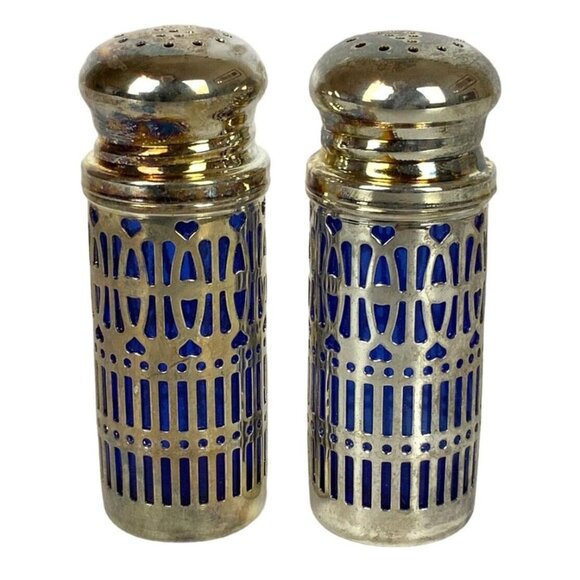 Godinger Filigree Silver Plate Cobalt Blue Glass Mini Salt Pepper Shakers - Picture 1 of 3